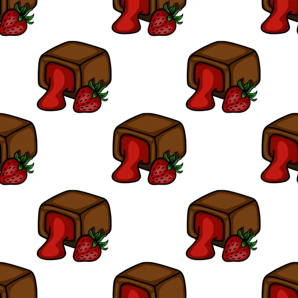 A delightful vector pattern featuring rich chocolate cubes with oozing strawberry filling and fresh strawberries, perfect for sweet treat designs.
