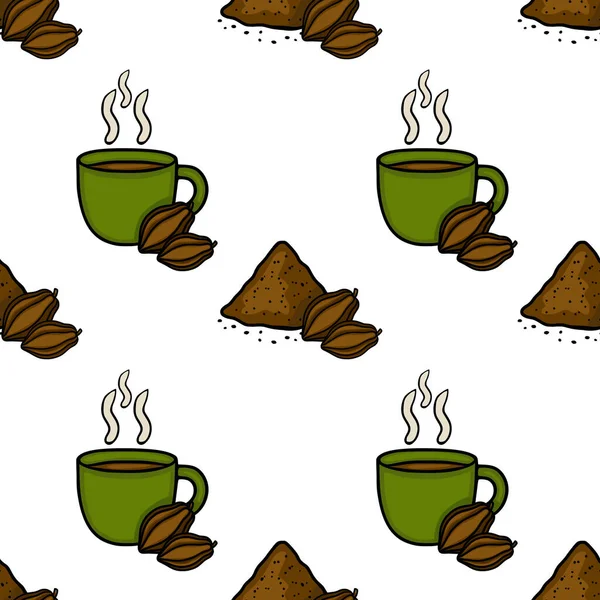 Seamless vector pattern featuring a steaming cup of hot chocolate with cocoa beans and a pile of cocoa powder, rendered in a charming hand-drawn style.