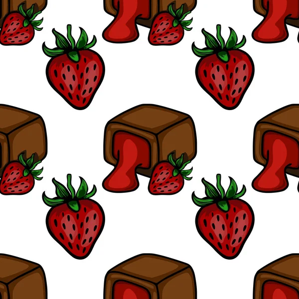 Charming vector pattern featuring a delightful combination of rich chocolate cubes with flowing strawberry filling and vibrant fresh strawberries.