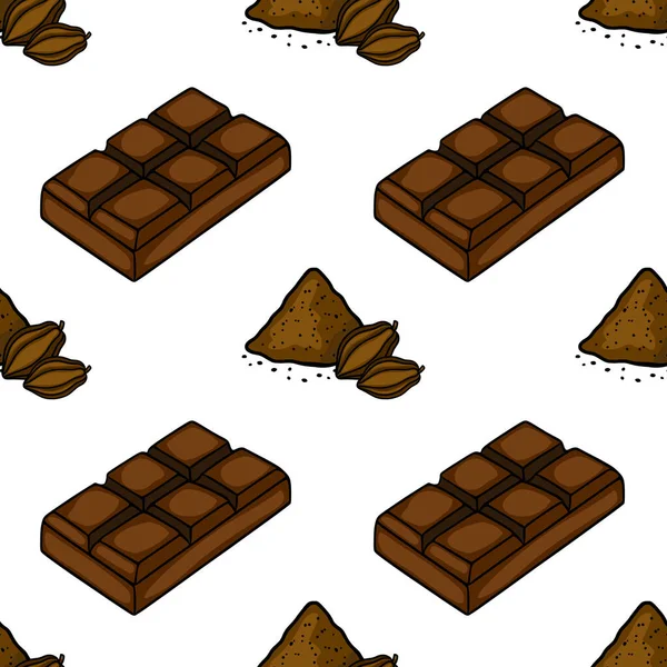 Seamless isometric vector pattern featuring rich dark chocolate bars and cocoa beans with powder.