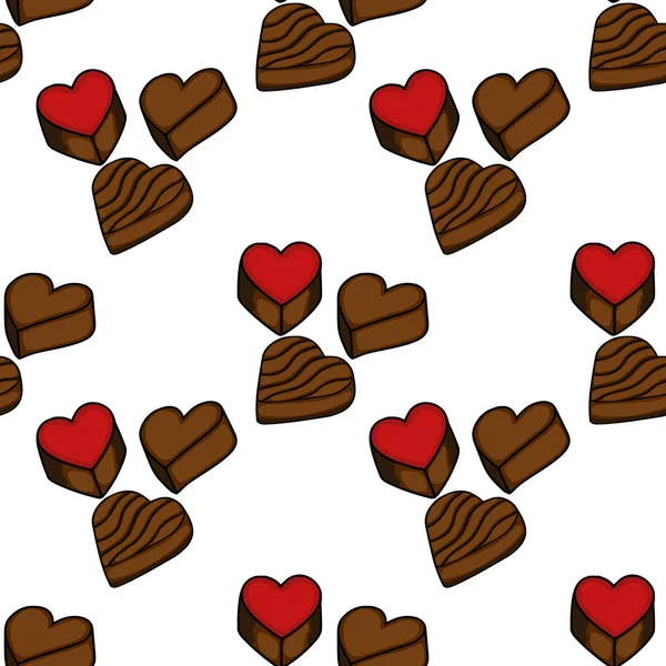 Zengin kahverengi tonlu çeşitli kalp şekilli çikolatalar ve canlı kırmızı tepeli bir çeşitlilik içeren büyüleyici bir vektör deseni var. Şekerlemeler için mükemmel..