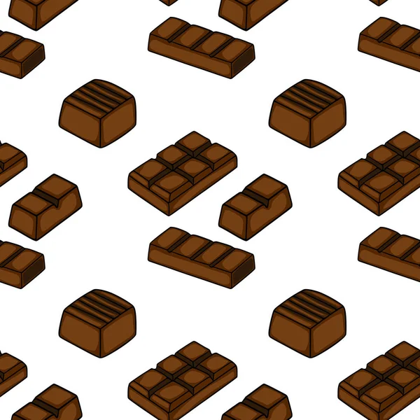 Seamless isometric vector pattern of various chocolate bars and pieces on a white background.