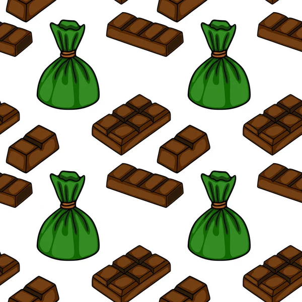 A delightful isometric vector pattern featuring rich brown chocolate bars and vibrant green candy wrappers, perfect for confectionery branding and packaging.