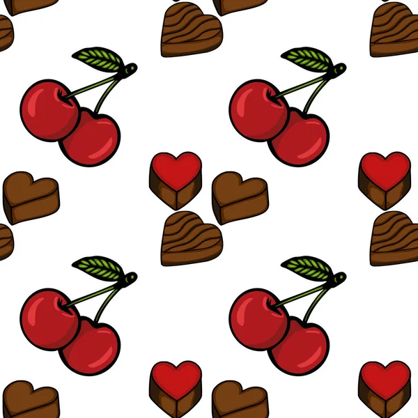 Seamless vector pattern featuring charming heart-shaped chocolates and ripe cherries with leaves, perfect for sweet themed designs.