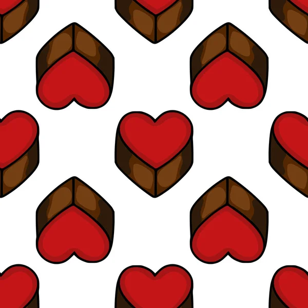 Seamless vector pattern of stylized heart-shaped chocolate candies with rich brown bases and vibrant red fillings, perfect for confectionery branding and romantic themes.