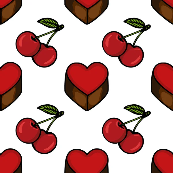 Whimsical seamless vector pattern featuring heart-shaped chocolates and ripe cherries with green leaves, ideal for confectionery branding and dessert-themed designs.