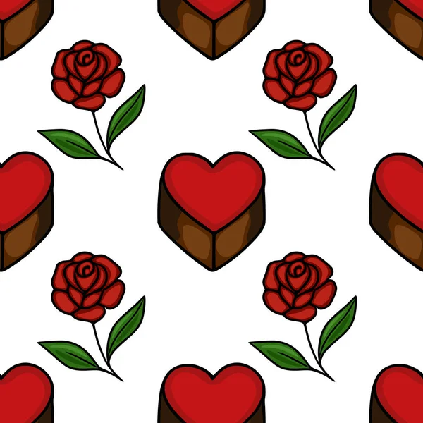 Seamless vector pattern of charming heart-shaped chocolates and delicate red roses with green leaves on a white background, perfect for romantic themes.