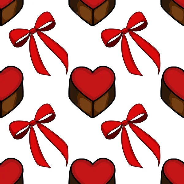 A charming vector pattern featuring heart-shaped chocolates adorned with bright red bows, set against a clean white background.