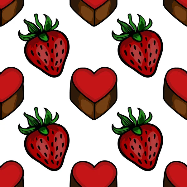 Seamless vector pattern featuring stylized chocolate heart candies and ripe strawberries, with a clean, graphic aesthetic.