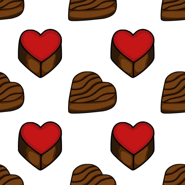 Seamless vector pattern of assorted heart-shaped chocolates with rich brown tones and a vibrant red topping, perfect for confectionery branding and sweet themed designs.