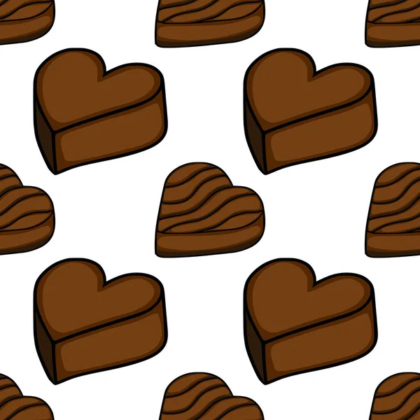 Seamless vector pattern of stylized dark chocolate heart-shaped candies with wavy surface details on a white background.