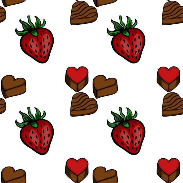 Seamless vector pattern of charming strawberries and heart-shaped chocolates, perfect for confectionery branding and sweet celebrations.