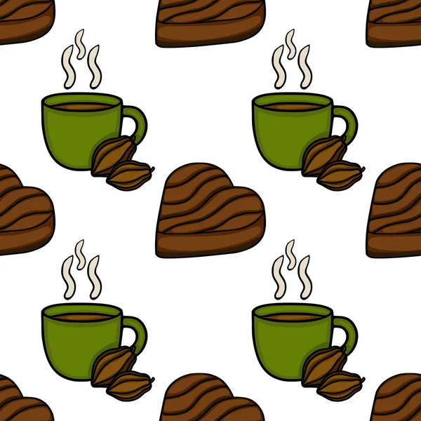 Seamless vector pattern featuring steaming green cups of hot chocolate alongside chocolate heart cookies and cocoa beans.