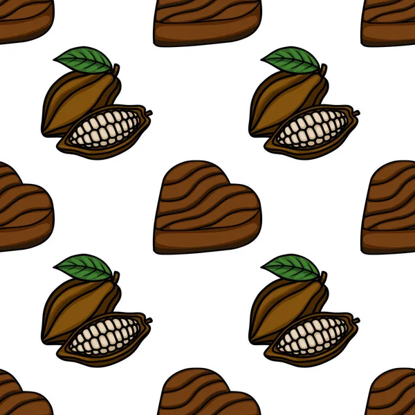 A charming vector seamless pattern featuring stylized cocoa pods, one split open to reveal its beans, and heart-shaped chocolates, all rendered in a warm brown palette with bold black outlines and...