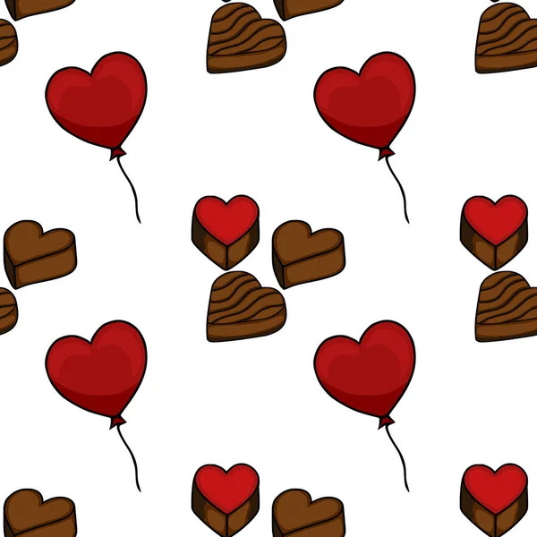 Seamless vector pattern of heart-shaped chocolates and red balloons, perfect for Valentine's Day or sweet treats.