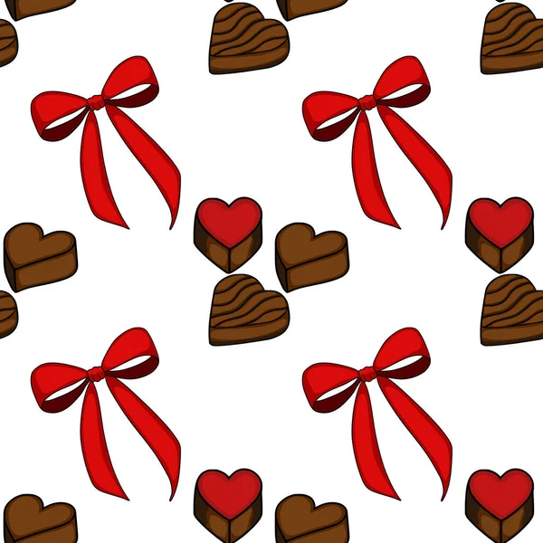 A charming vector pattern featuring assorted heart-shaped chocolates and festive red bows on a clean white background, perfect for celebratory designs.