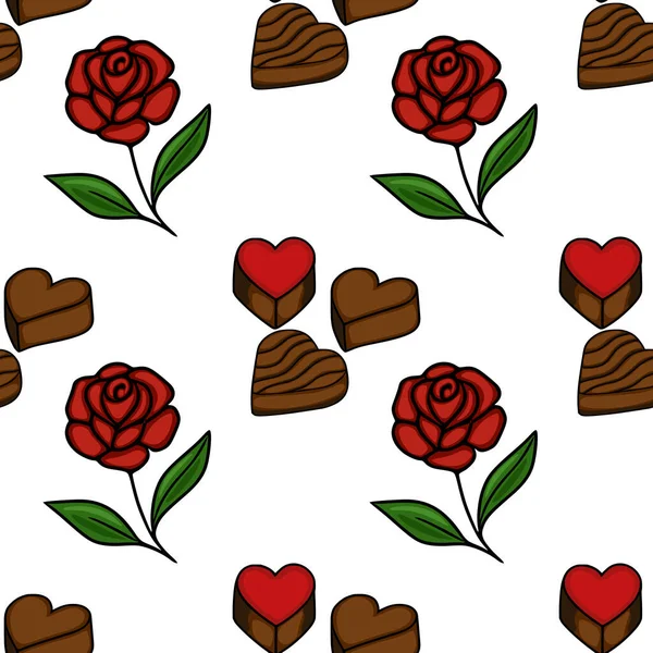 Seamless vector pattern of stylized red roses and assorted heart-shaped chocolates, featuring bold black outlines and a clean white background, evoking a romantic and sweet theme.