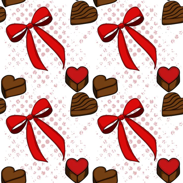 A charming seamless vector pattern featuring stylized heart-shaped chocolates with rich brown and vibrant red glazes, intertwined with bright red bows against a delicate speckled pink background.