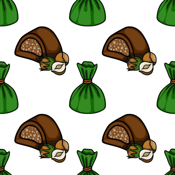 Whimsical vector pattern of chocolate confections with hazelnuts and green candy wrappers, perfect for confectionery packaging and sweet-themed designs.