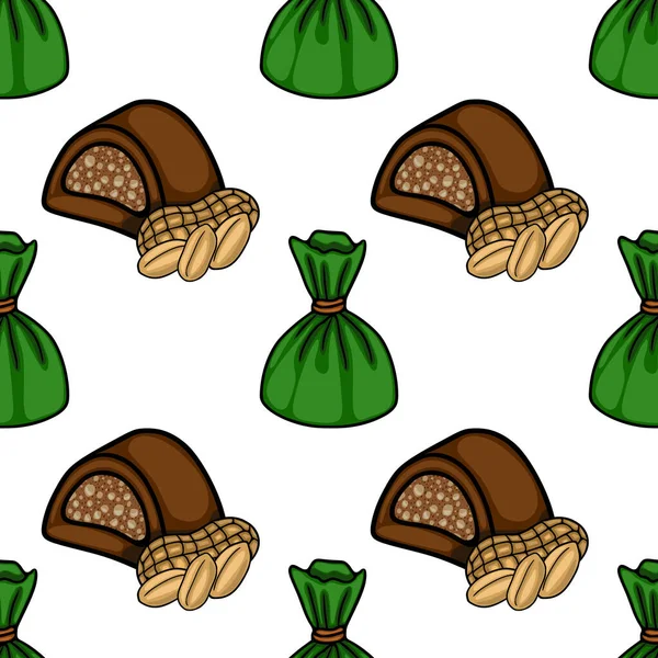 Seamless vector pattern of rich chocolate candies with peanuts and green wrapped sweets.