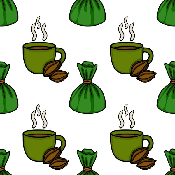 Seamless vector pattern featuring steaming cups of coffee with cocoa beans and green wrapped candies.