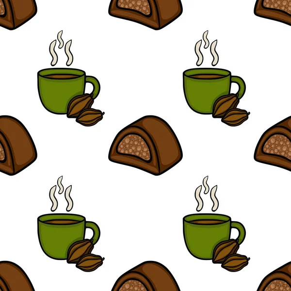 Delicious seamless vector pattern featuring steaming hot chocolate in green mugs alongside cocoa beans and rich chocolate confections.