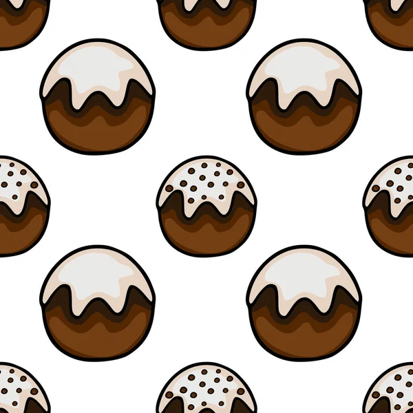 Seamless vector pattern of cartoon-style chocolate cupcakes with white frosting and chocolate chip toppings, set against a clean white background.