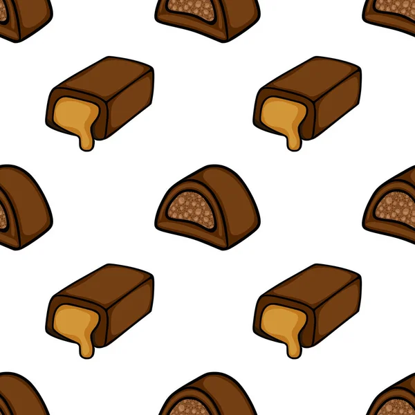 Seamless vector pattern of delicious chocolate candies with caramel filling and crunchy nougat centers, set against a clean white background.
