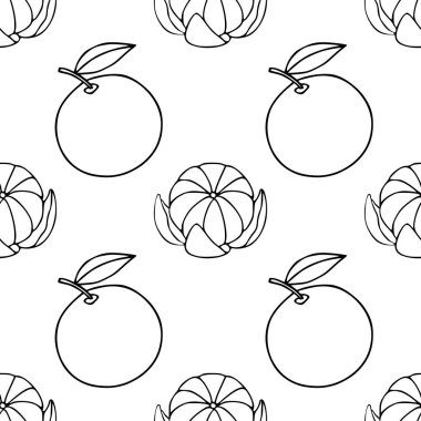 Elle çizilmiş, yapraklı ve segmentli mandalina sanatı içeren kusursuz vektör deseni, temiz ve minimalist bir meyve motifi oluşturur..