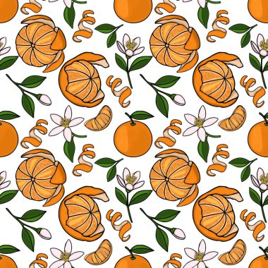 Kabuğu soyulmuş mandalinalar, tüm meyveler, segmentler, çiçekler, yapraklar ve temiz beyaz arka planda kıvrımlı kabuklar içeren canlı, pürüzsüz bir vektör deseni, taze bir narenciye temasını çağrıştırıyor..