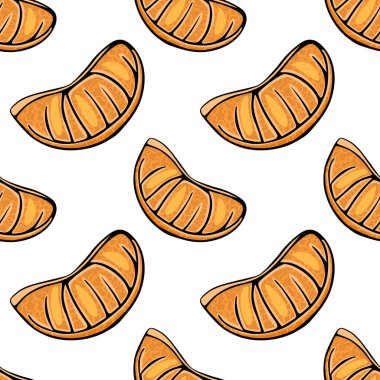 Temiz beyaz bir arka planda ayrıntılı, organik bir dokuyla biçimlendirilmiş mandalina dilimlerini içeren canlı bir vektör deseni taze ve sulu bir hissi çağrıştırıyor..