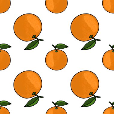 Beyaz arka planda yeşil yapraklı parlak turuncu mandalinaların kusursuz vektör deseni taze ve canlı narenciye teması sergiliyor..