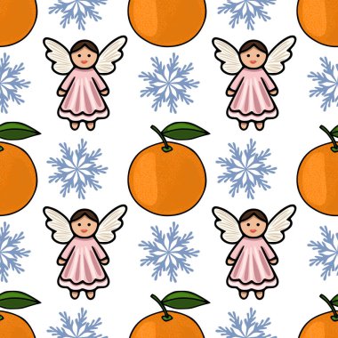 Şirin melekler, parlak mandalina ve narin kar taneleri içeren tuhaf, pürüzsüz bir model..