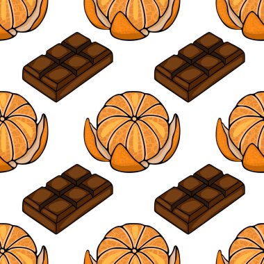 Beyaz arka planda izometrik çikolatalar ve soyulmuş mandalinalar içeren kusursuz vektör deseni.