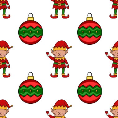 Beyaz arka planda neşeli Noel elfleri ve şenlikli kırmızı ve yeşil takılar içeren kusursuz bir vektör deseni. Tatil süslemeleri ve ambalaj kağıtları için mükemmel..