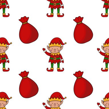Kırmızı ve yeşil taçlı neşeli Noel elfleri ve beyaz arka planda duran kırmızı hediye çantalarıyla birlikte kırmızı ve yeşil elbiseli tuhaf bir vektör deseni..