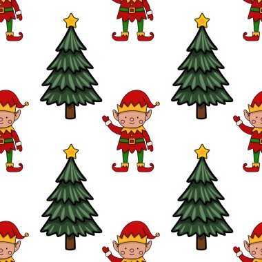 Şirin Noel elfleri ve dekore edilmiş yeşil ağaçlarla süslü, şenlikli arka planlar ve tatil tasarımları için mükemmel tuhaf bir vektör deseni..