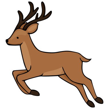 Kahverengi kürklü ve koyu boynuzlu geyik vektör çizimi, beyaz arka planda temiz bir sıçrayışta yakalandı..