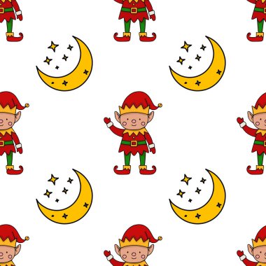 Şen şakrak elfler ve yıldızlı hilal ayları içeren büyüleyici vektör deseni, bayram tasarımları için mükemmel..