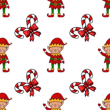 Noel Elfleri ve şeker kamışı desenleri Noel tasarımları için şenlikli kırmızı, yeşil ve beyaz renklerle kusursuz..