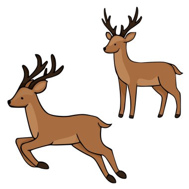 Biri sıçrayan bir pozisyonda diğeri ise basit kahverengi ve siyah çizgileri olan, kaprisli tasarımlar için uygun iki geyiğin büyüleyici çizgi film çizimi..