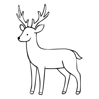 Zarif boynuzları olan zarif bir geyiğin minimalist vektör çizimi, beyaz arka planda temiz, siyah bir taslak şeklinde çizilmiş..