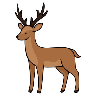 Belirgin boynuzları olan bir geyiğin çekici vektör çizimi, basit, biçimlendirilmiş çizgi film estetiği, kalın hatları ve düz kahverengi renkli..