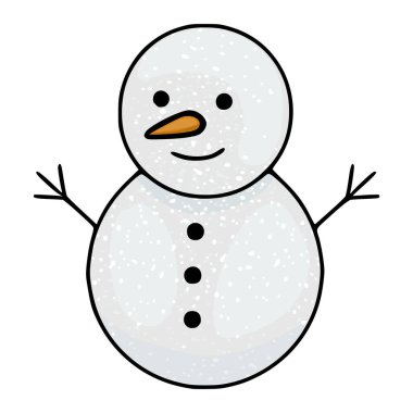 Havuç burunlu, kömür gözlü ve düğmeli neşeli bir kardan adamın büyüleyici bir temsili. Temiz beyaz bir arkaplan, kış temaları için mükemmel..