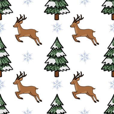 Geyikleri ve karla kaplı çam ağaçlarını narin kar taneleriyle süsleyen ve tuhaf bir kış ormanı sahnesini çağrıştıran büyüleyici, pürüzsüz bir desen..