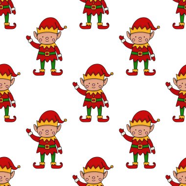 Şenlikli kırmızı ve yeşil elbiseli neşeli Noel elfleri içeren büyüleyici bir vektör deseni, altın taçlarla, temiz beyaz bir arka plana neşeyle el sallıyorlar, tatil süslemeleri için mükemmel....