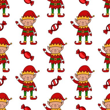Kırmızı ve yeşil kostümlü neşeli Noel elfleri ve bayram temalı tasarımlar için mükemmel kırmızı şekerlemeler içeren büyüleyici, pürüzsüz bir desen..
