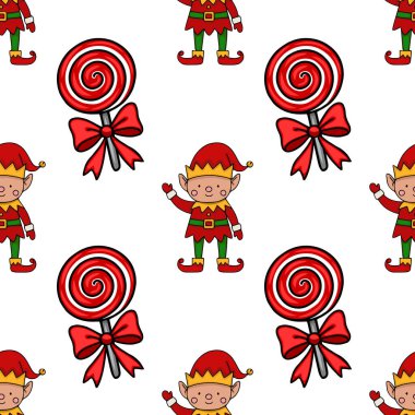 Şirin Noel elfleri ve kırmızı fiyonklu lolipoplar içeren kusursuz bir vektör deseni. Tatil temalı tasarımlar için mükemmel..