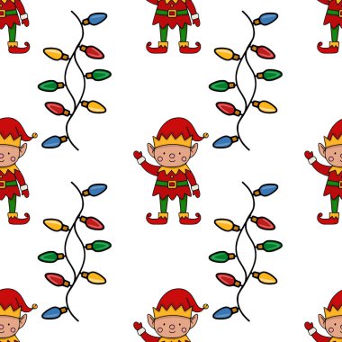 Şen şakrak Noel elfleri ve beyaz arka planda renkli sicim lambaları içeren büyüleyici, kusursuz bir desen. Bayram tasarımları için mükemmel..