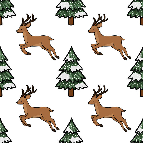Бесшовный векторный рисунок с прыгающими северными оленями среди заснеженных сосен, выполненный в очаровательном стиле ручной работы с жирными контурами и плоскими цветами.
